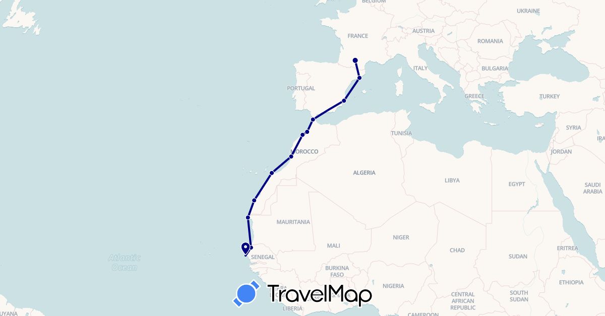 TravelMap itinerary: driving in Western Sahara, Spain, France, Morocco, Mauritania, Senegal (Africa, Europe)